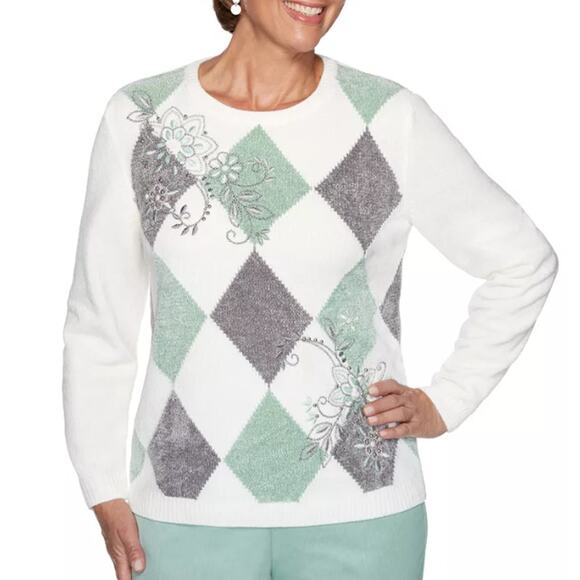 Alfred Dunner Lake Geneva Chenille Sweater, Green/White Size 3x - Picture 1 of 7